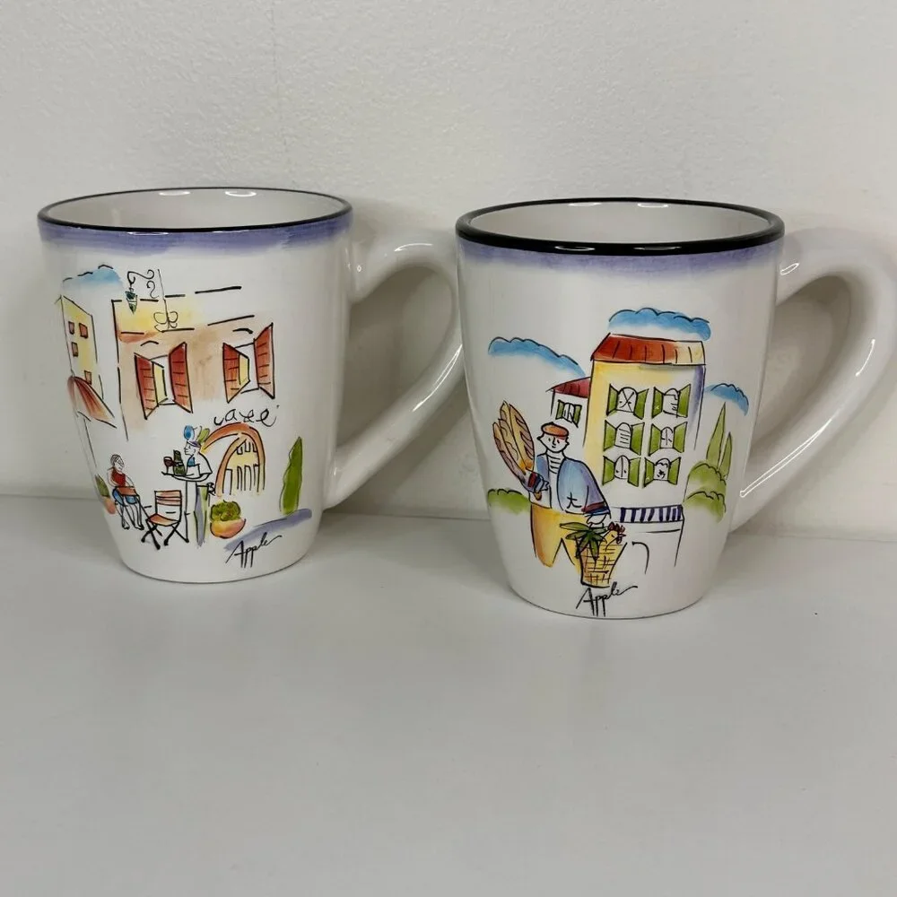 Provence Sakuar Handpainted Earthenware Mugs Signed By Apple Set Of 2